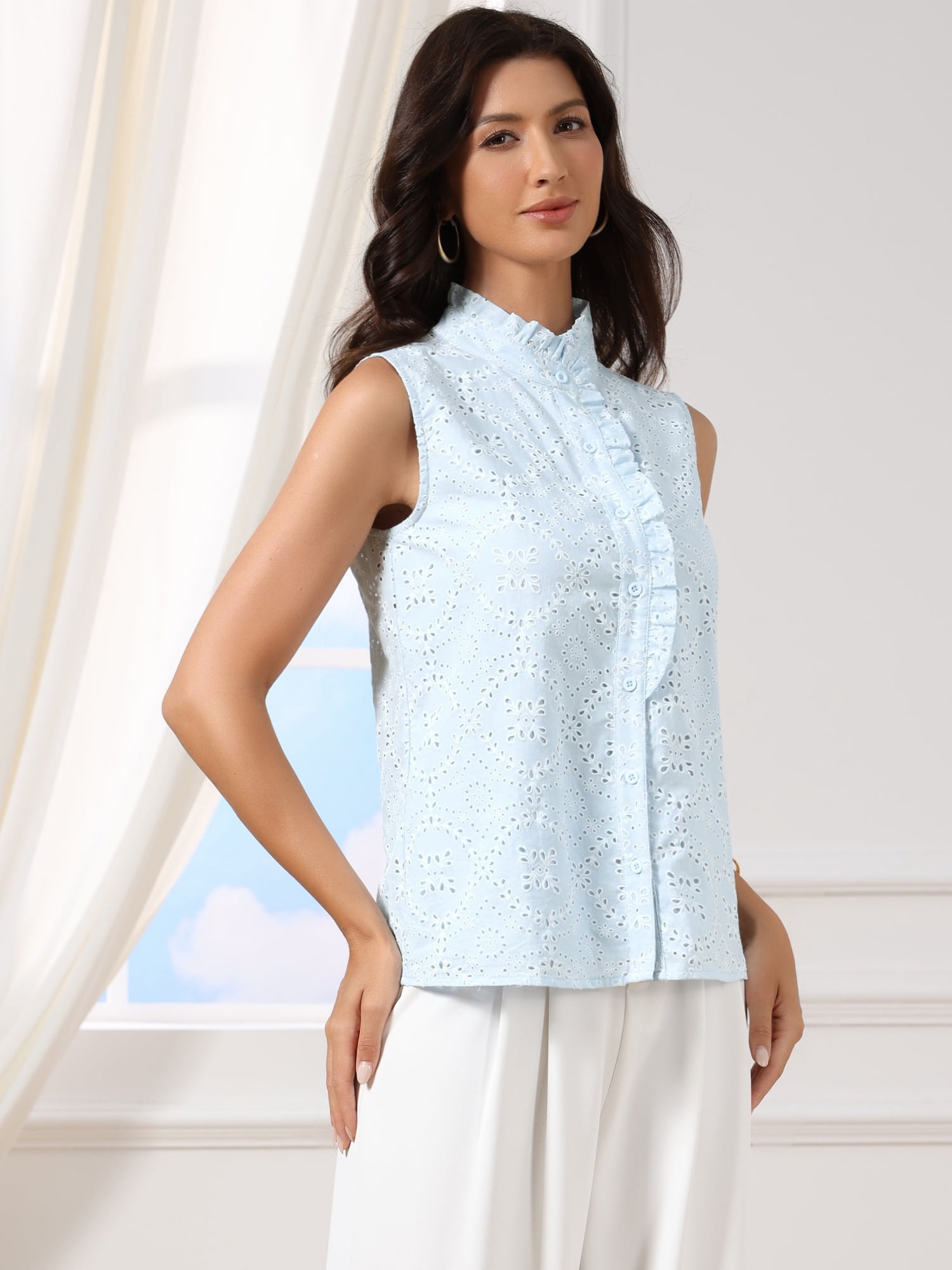 DARING DIVA Women's Eyelet Hollow Out Crochet Floral Embroidered Tank Top XL Light Blue