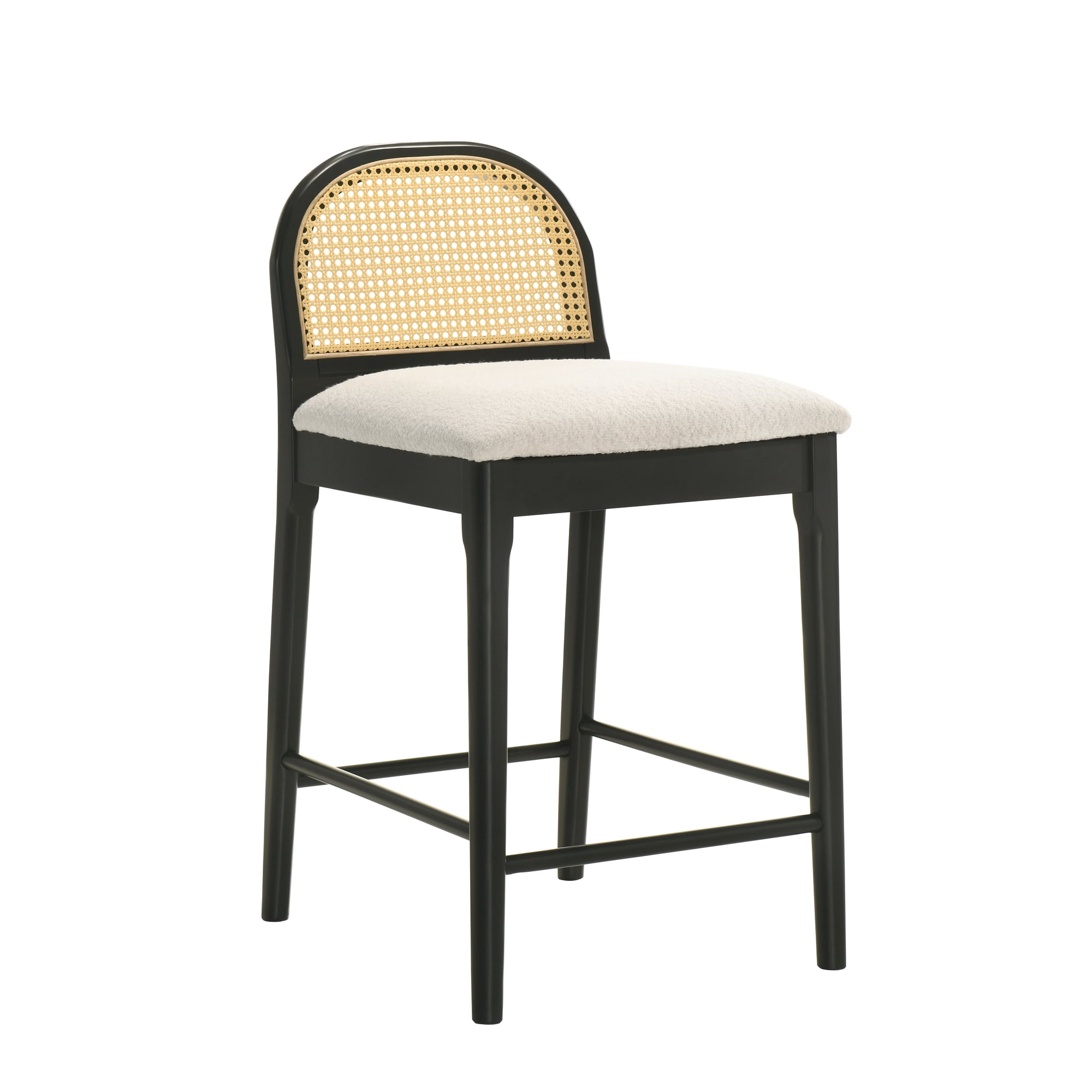 Lucio Modern Farmhouse Wood Counter Height Kitchen Bar Stool in Black Finish with White Boucle Fabric Upholstered Seat
