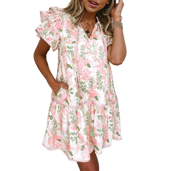 Women's Pink Floral Contrast Edge Layered Short Sleeve Mini Dress - [ZhiHiMeRi] | (US 12-14)L