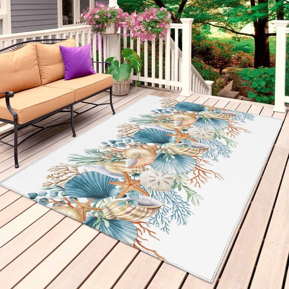 Beach Coastal Outdoor Rug 3x5 Ft, Non Slip Washable Area Rug, Nautical Shell Starfish Coral Summer Patio Rugs Carpet Runner, Large Floor Mat for Indoor/Outdoor Deck Porch Camping