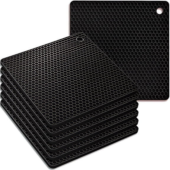 Silicone Square Trivets Mat, 6 Packs Multipurpose Non Slip Heat Resistant Pot Holder-Black