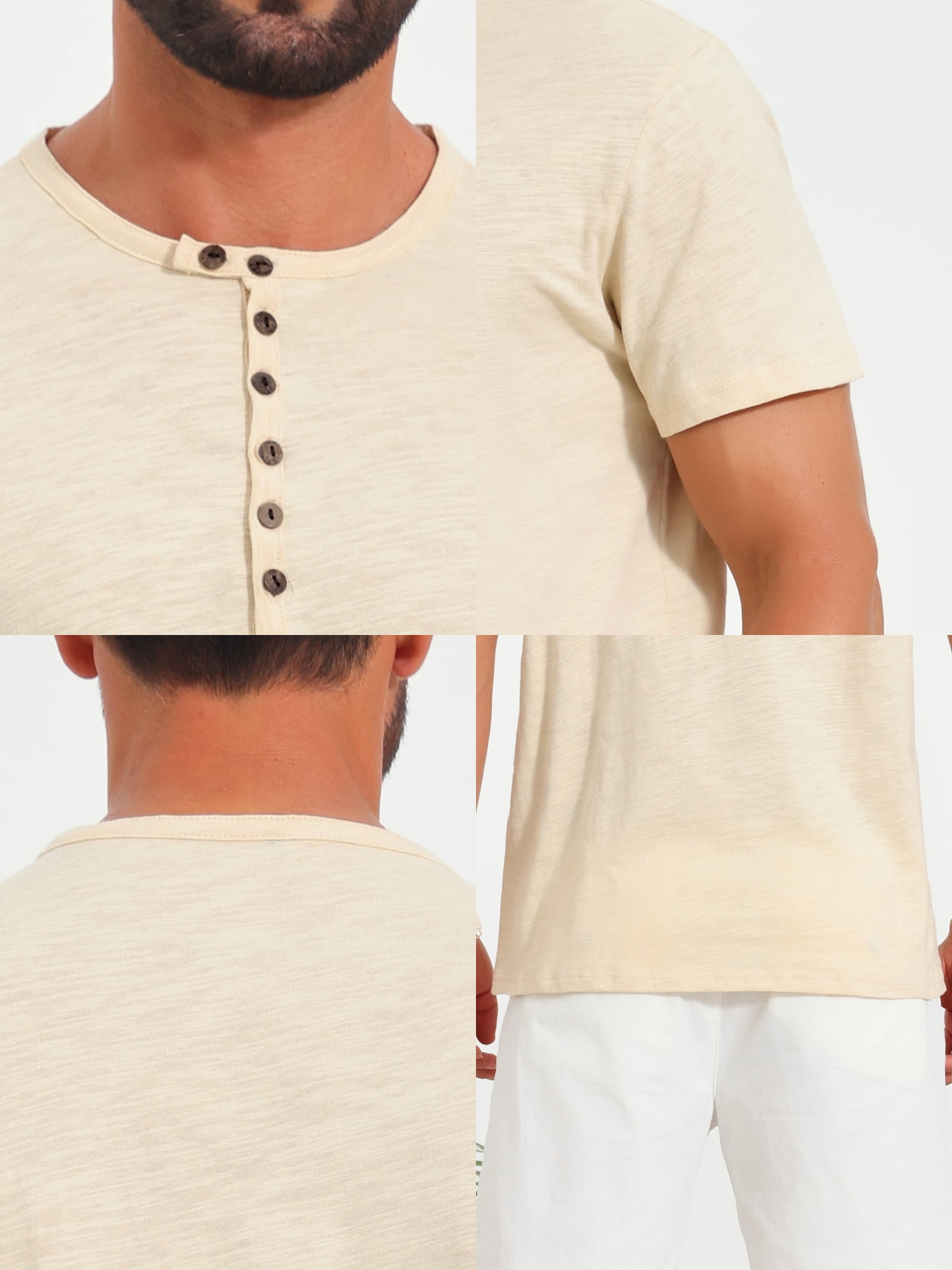 DARING DIVA Men's Retro Henley Texture Button Down Short Sleeve T-Shirt M Beige