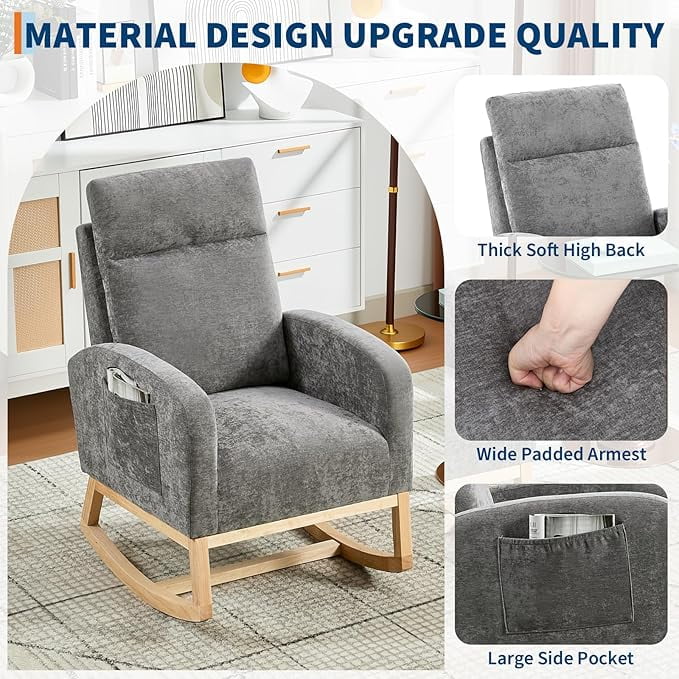 Leather Glider Chair, Modern Rocking Chair, Nursery Faux Leather Glider Chair with Rubber Wood Legs and Side Pocket, Rocking Accent Armchair for Living Room, Bedroom, Dark gray