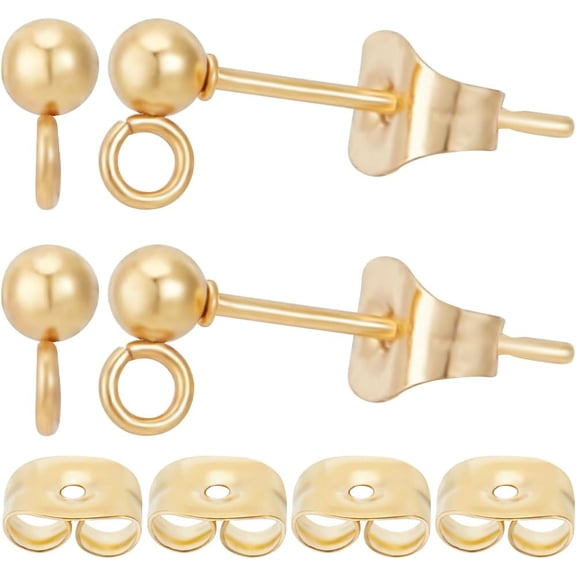 50Pcs 3mm Ball Stud Earring Findings 24K Gold Plated Stainless Steel Earring Posts with Loop 50Pcs Backs Jewelry Making DIY Golden