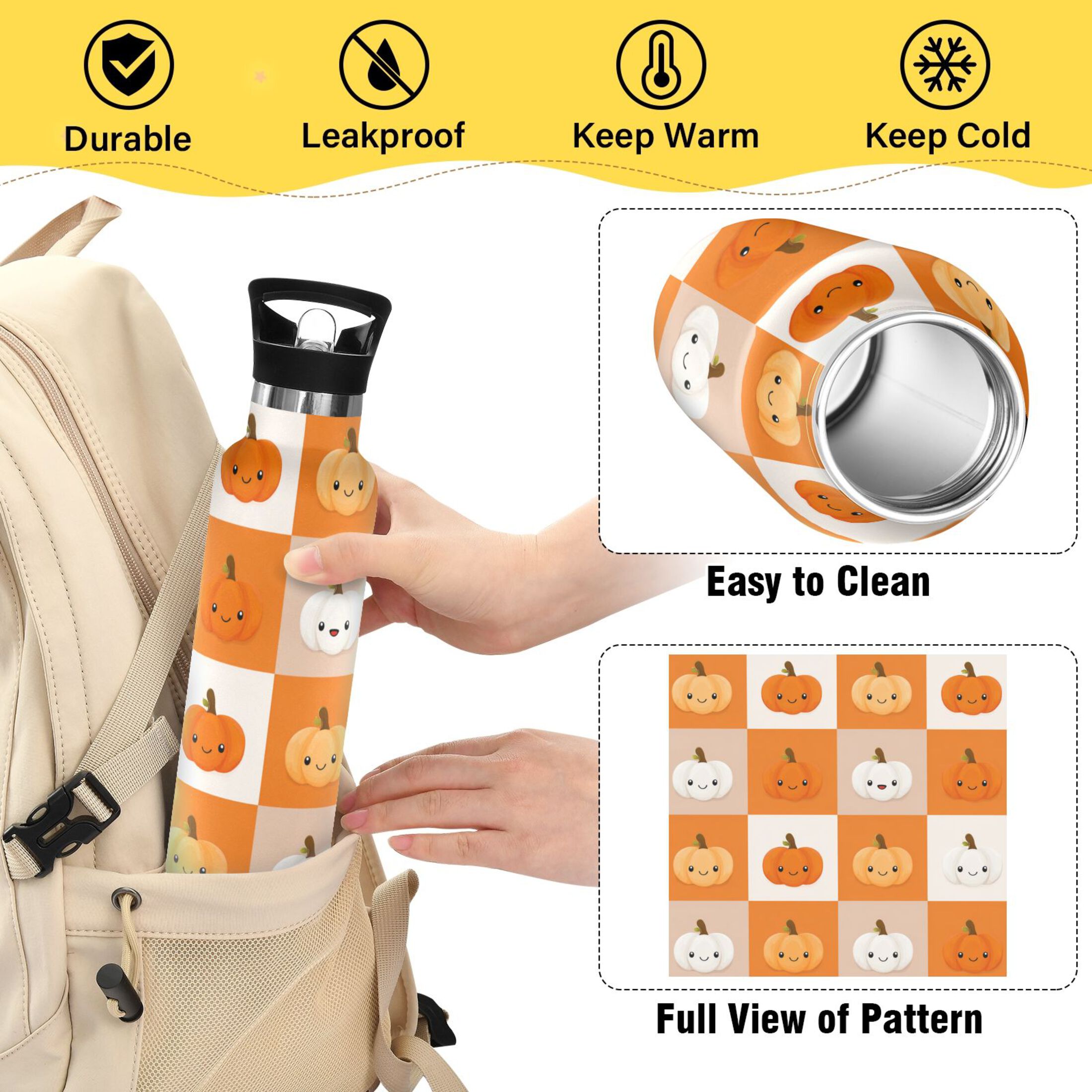 Kids Insulated Stainless Steel Sports Water Bottle 600ml (20oz) Orange and White Squares