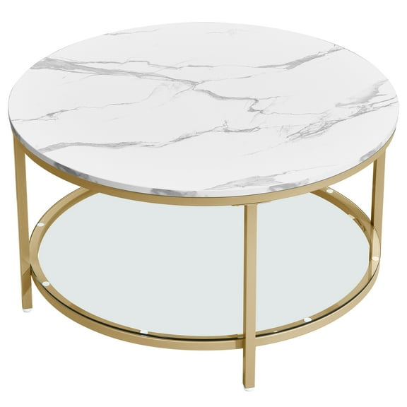 CRXX 31.5" Round Coffee Table Marble Accent Cocktail Table with Glass Storage Shelf
