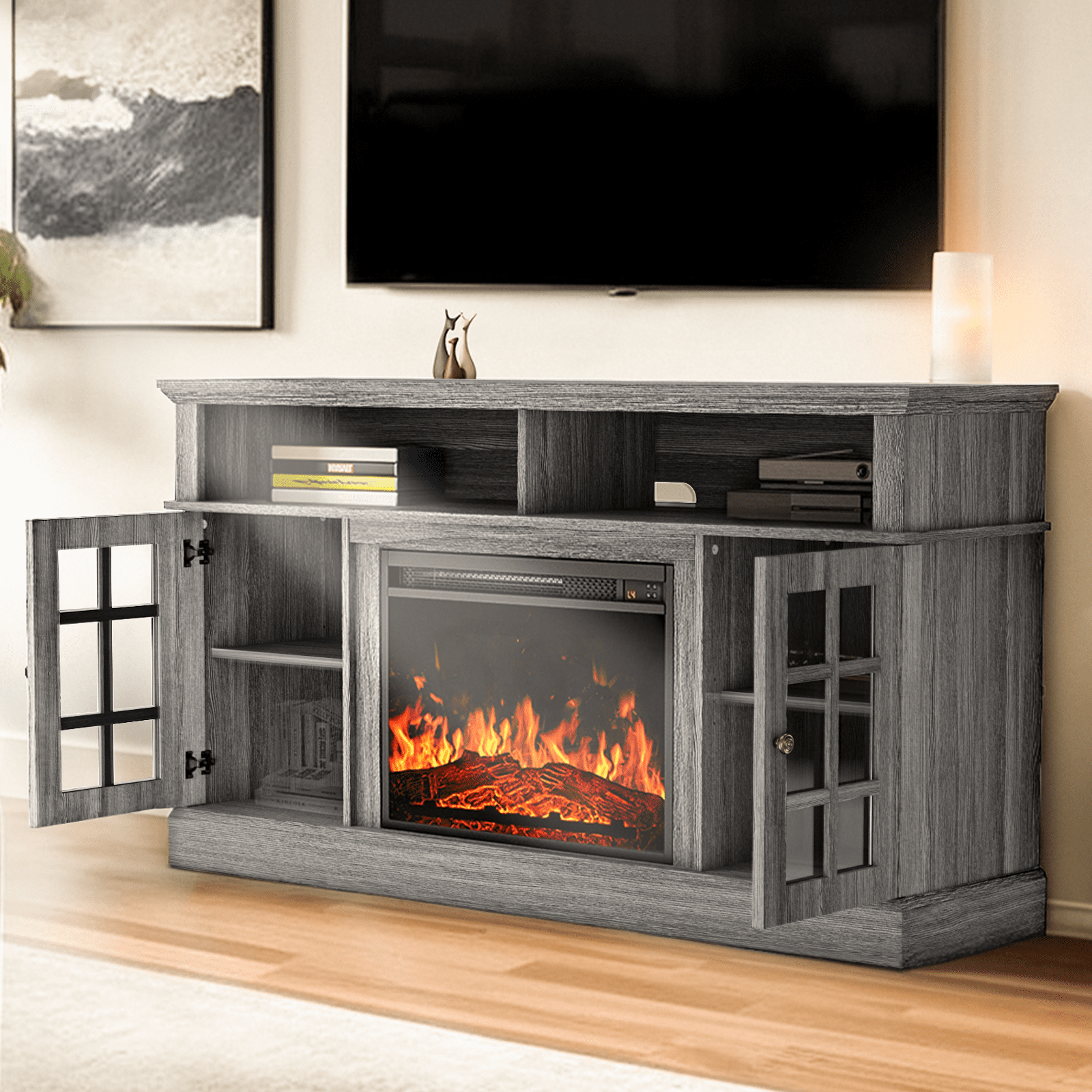 CHITOOMA 1400W Electric Fireplace TV Stand TV Console with 23 Fireplace for up to 65 inch TVs with Adjustable Shelves Grey