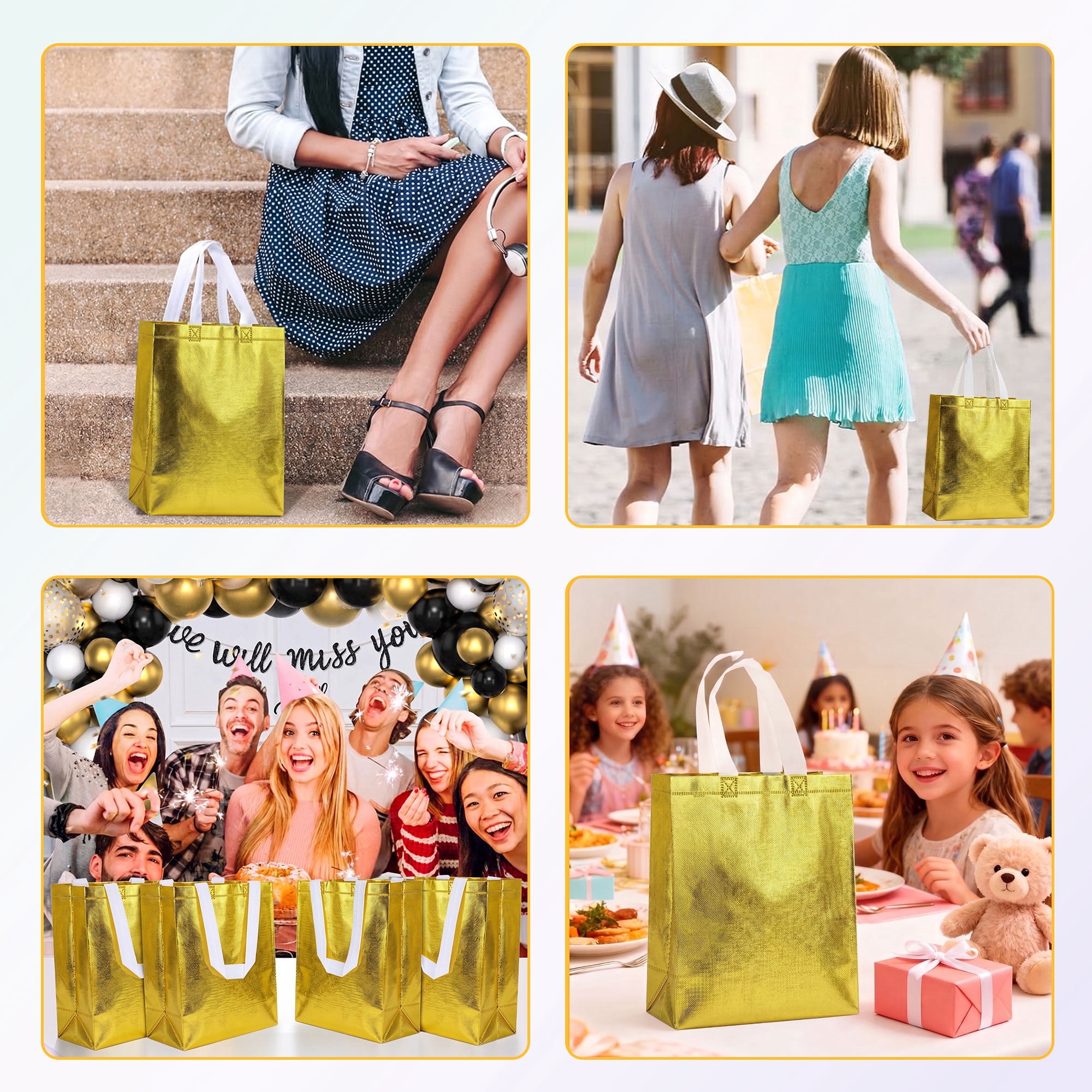 TickJOY 12 Pcs Iridescent Gift Bags with Handles, Holographic Reusable Gift Bags Medium Size, Goodie Bag for Birthdays, Christmas, Weddings, Holidays, Valentines (8"W x 4"D x 10"H, Gold)