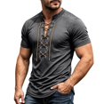 thumbnail image 2 of Mens Lace Up Tshirt Short Sleeve V Neck Casual Summer Beach Vacation Top Dark Gray L, 2 of 8