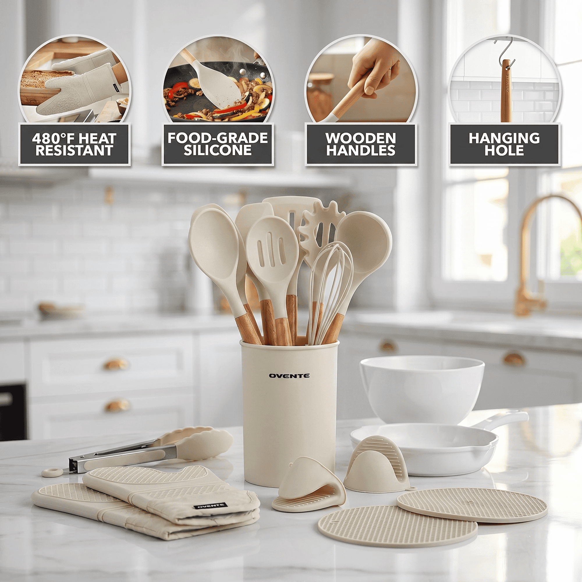 OVENTE Silicone Cooking Utensils Set, 17pcs, Heat Resistant, Cream SPS17CR | Kitchen Tools & Gadgets for Nonstick Cookware, BPA-Free Spatula Set with Wooden Handle, Cup Holder, Oven Gloves & Hot Pads