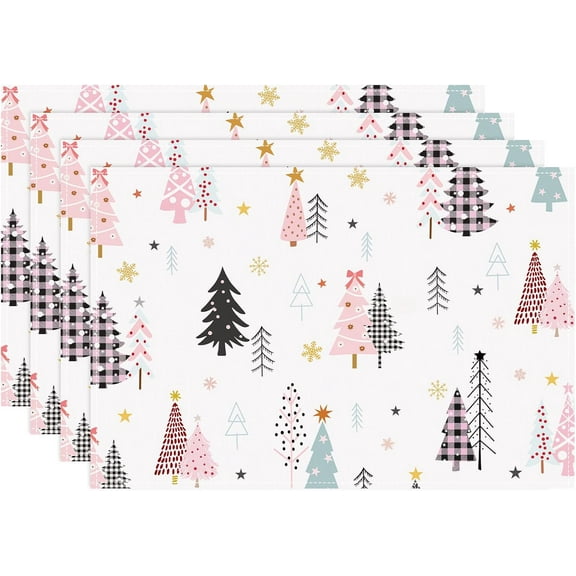 mubwai Pink Christmas Trees Placemats Set of 4, 12x18 Inch Colorful Xmas Snowflakes Kitchen Dinning Table Mats Washable Place Mats for Indoor Outdoor Home Party Decor