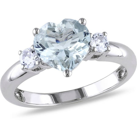 2 Carat T.G.W. Aquamarine and Created White Sapphire Sterling Silver 3-Stone Heart Ring