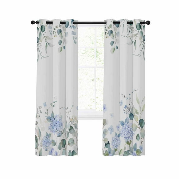 Eucalyptus Flower Blackout Curtains 63 Inches Long for Bedroom, Sage Green Leaf Blue Floral Watercolor Thermal Insulated Room Darkening Black Out Window Curtain Panels Grommet Drapes for Living Room