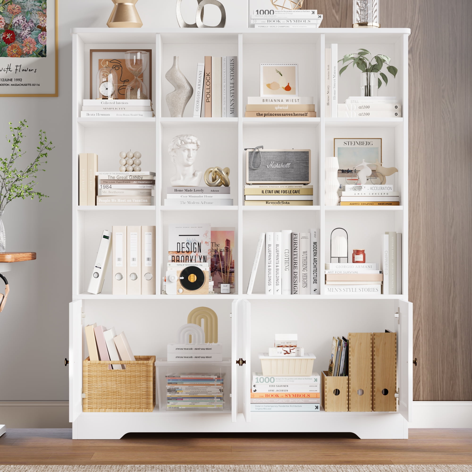 Homfa 12 Cube Double Wide Bookcase with Doors, 3 Tier Library Cabinet & Bookshelves for Home Office Living Room, White