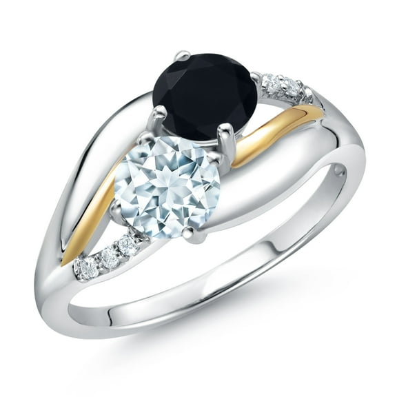 Gem Stone King 925 Sterling Silver and 10K Yellow Gold Sky Blue Aquamarine Black Onyx and Lab Grown Diamond 2 Stone Engagement Ring for Women (1.02 Cttw, Round 5MM, March Birthstone, Size 9)