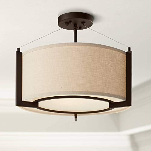 Stinson Contemporary Modern Close to Ceiling Light Semi-Flush Mount Fixture Bronze 17 1/4" Wide Linen Drum Shade for House Bedroom Hallway Living Room