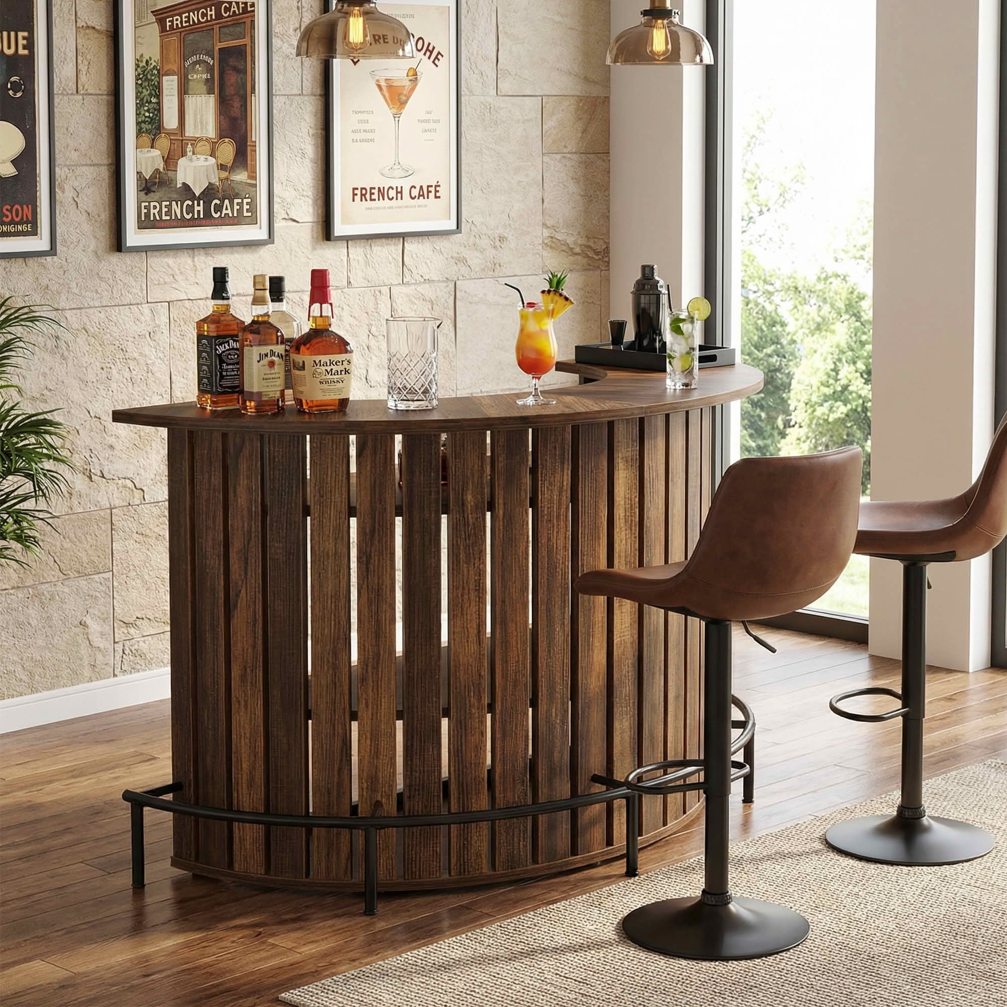 MAYEERTY Arc-Shaped 4-Tier Storage Mini Bar Table, Modern Rustic Home Bar Cabinet with Footrest & MDF Construction