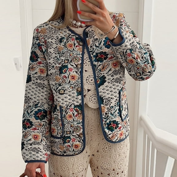 Aloohaidyvio Women's Cropped Floral Quilted Jacket Cardigan Printed Lightweight Open Front Padded Puffer Coat
