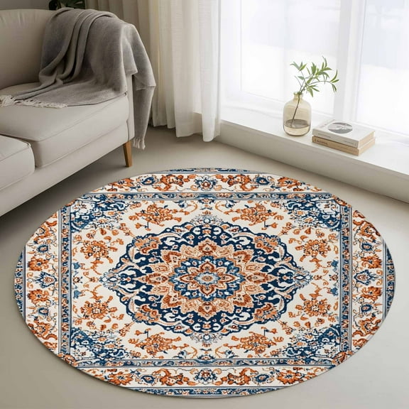 Blue Burnt Orange Boho Round Rug 4ft Washable Circle Entryway Rugs Non Slip Antique Southwestern Ethnic Area Rug Indoor Floor Carpet for Bedroom Kitchen Living Room Home Office Dining Room Nursery