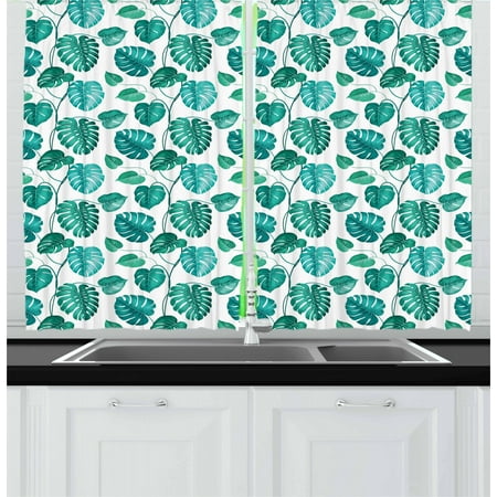 Green Leaf Curtains 2 Panels Set Tropical Palm Tree Leaves Exotic