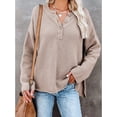thumbnail image 2 of Suéter de punto de manga larga para mujer, color caqui, con cuello redondo y botones, color puro y sencillo, talla XL, 2 of 7