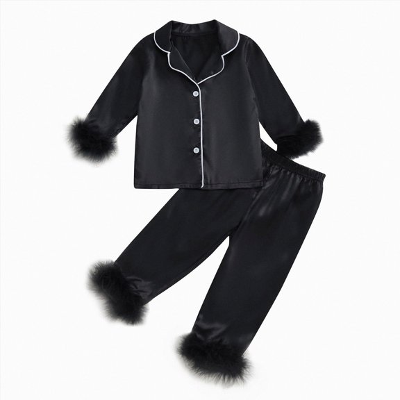 Paguaki Toddler Girls Satin Pajamas Set Fuzzy Long Sleeve Button Down Tops Pajamas Pants Sleepwear Loungewear Set Toddler Sleepwears Kids Girls Kids Pajamas