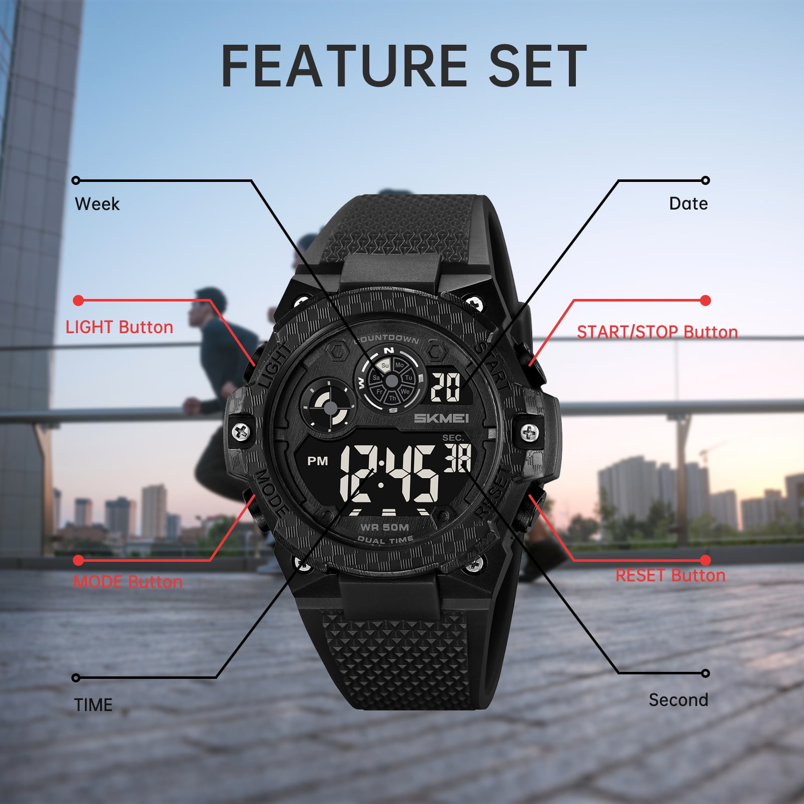 SKMEI Mens Military Multifunction Digital LED Watch 50m Waterproof Alarm Outdoors Sports Watch