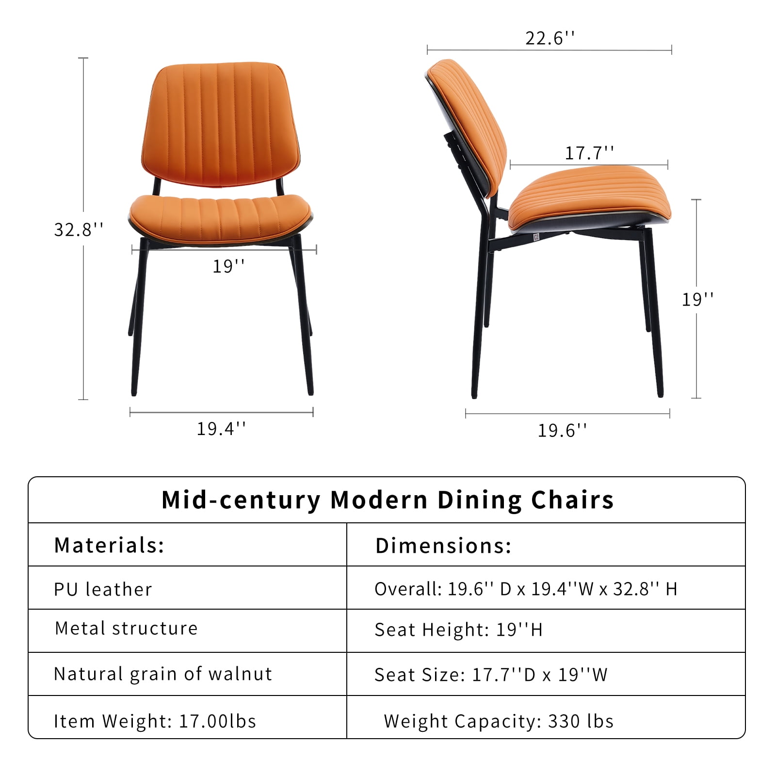 Mid Century Modern Dining Chairs Set of 6, Orange Kitchen & Dining Room Chairs Set of 6, Upholstered PU Leather Kitchen Chairs for Dining Table, Sillas de Comedor, Metal Legs, Walnut Back (Orange)