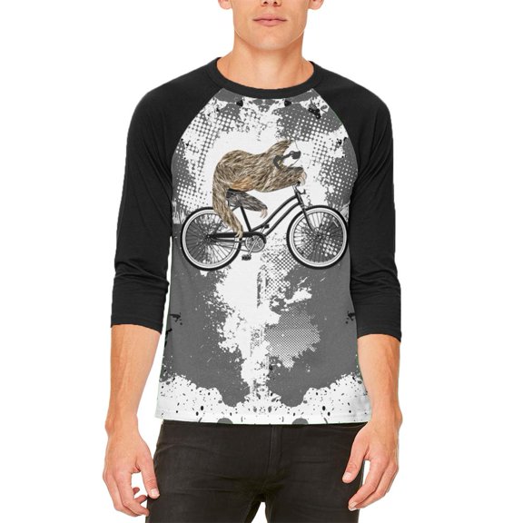 Bicycle Sloth Funny Grunge Splatter Mens Raglan T Shirt White-Black SM