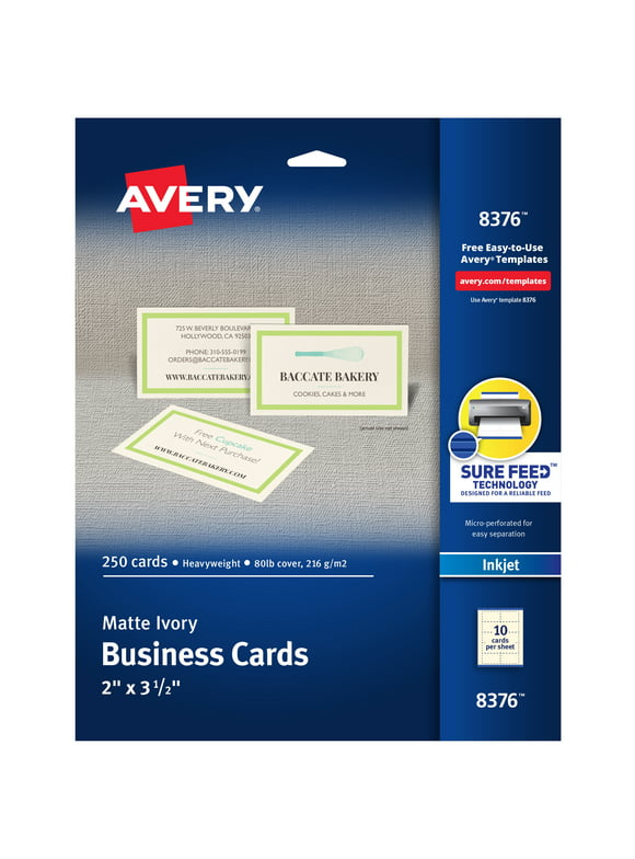 Avery Printable Business Cards with Sure Feed Technology, 2" x 3.5", Ivory, 250 Blank Cards for Inkjet Printers (08376)