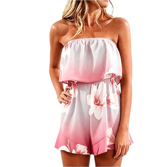 Women's Strapless Tube Rompers Boho Floral Vacation Jumpsuit Shorts Casual Beach Outfit (A1-Multicolour1 L)
