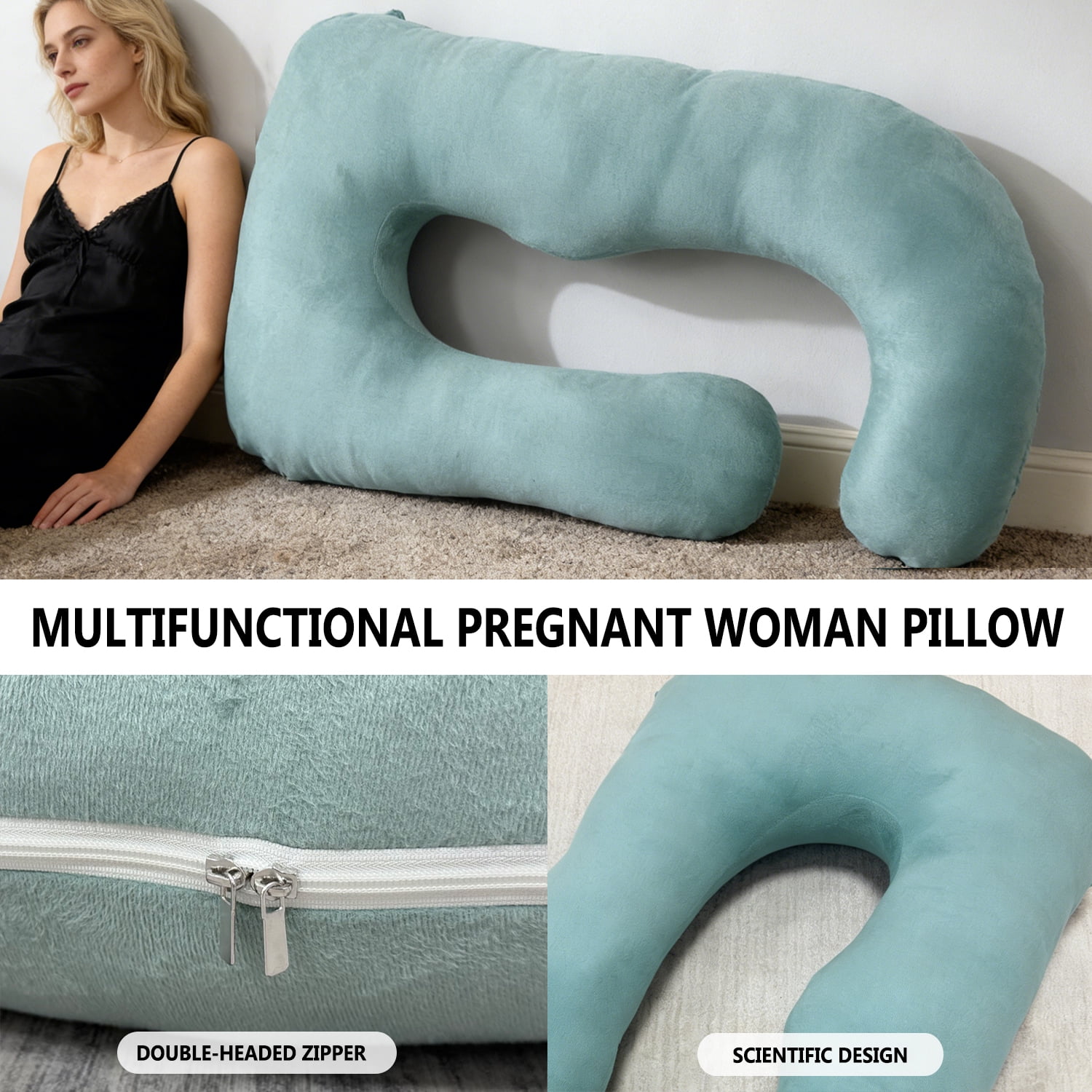 J-Shaped Pregnancy Pillow (65" x 16" x 8") - Full Body Maternity Support Pillow for Back, Hip and Belly Pain Relief, Dark Green