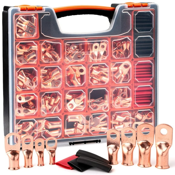 TKDMR 264 PCS Battery Cable Ends Kit,132 PCS AWG 8 6 4 2 1/0 2/0 Heavy Duty Copper Wire Lugs Ring Terminals,Battery Cable Lugs Eyelets Terminal Connectors with 132 PCS 3