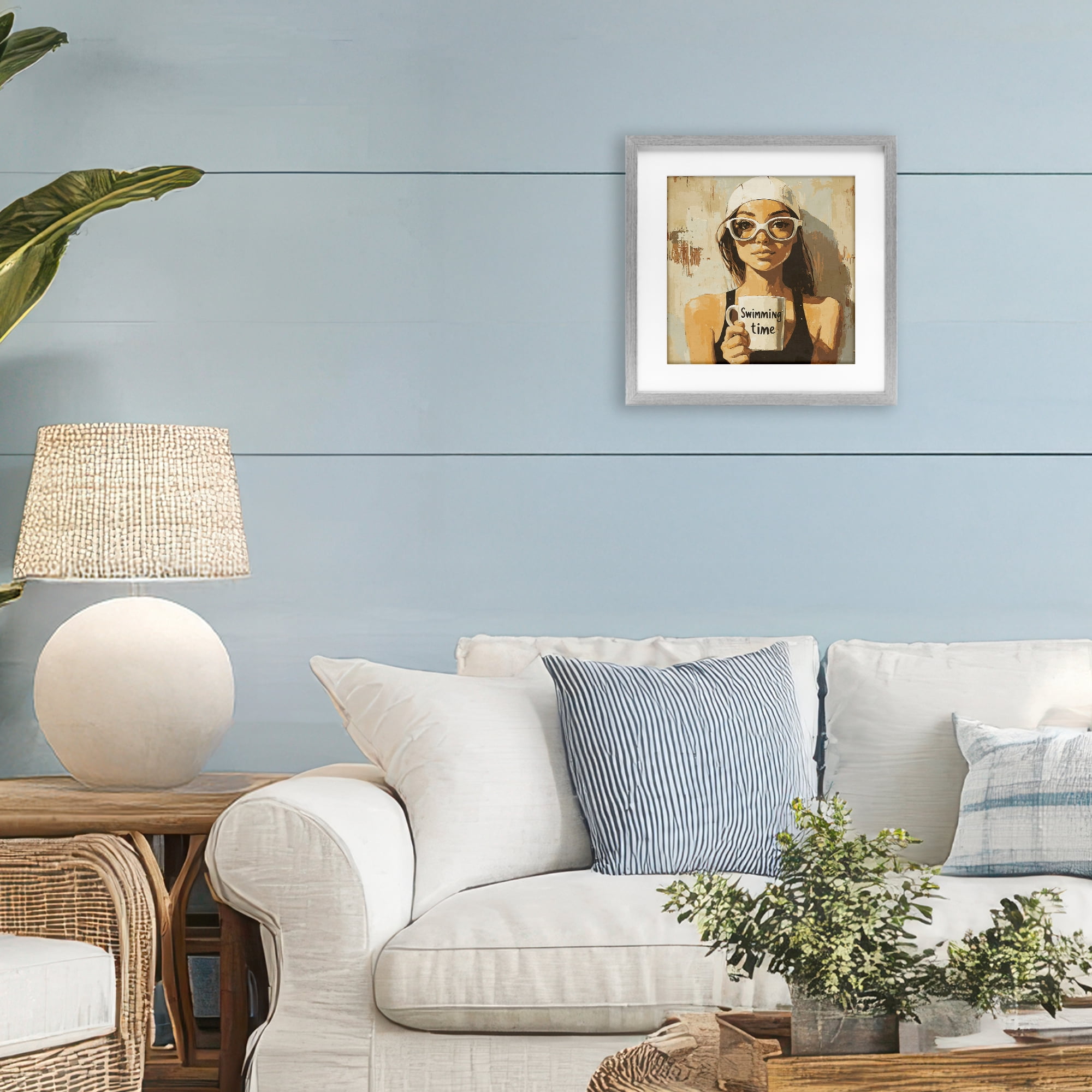 Stupell Industries Swimming Mug Girl Gray Framed Print Under Glass, design by Layla Oz