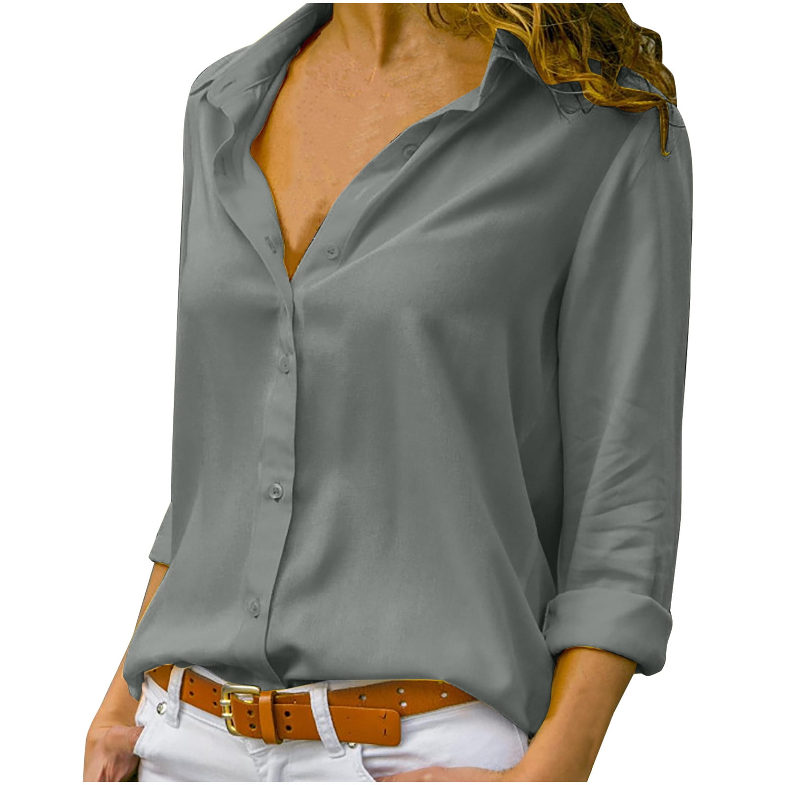 DENGDENG Button Down Business Casual Shirts for Women Classic Fit Long