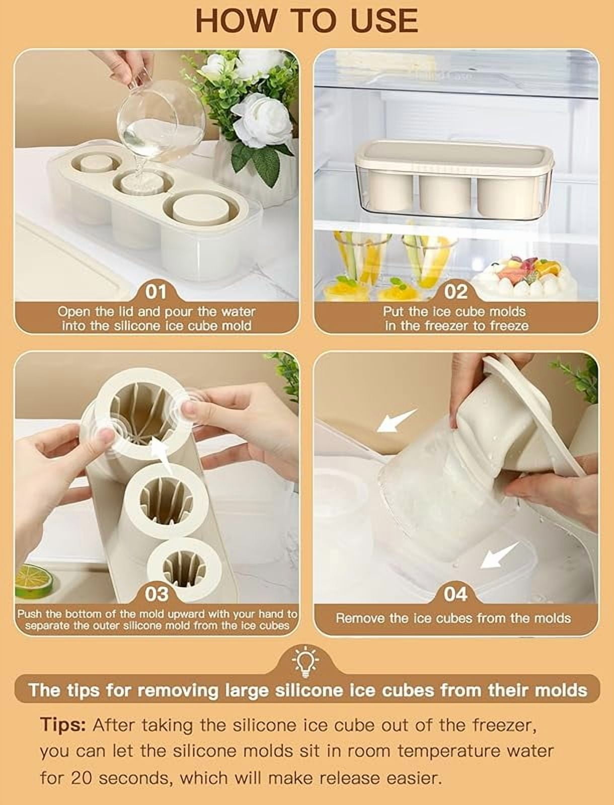 Ice Cube Tray for Tumbler Cup 30Oz-40Oz, 3 Pcs Silicone Cylinder Ice Mold with Lid and Bin for Freezer, Easy Fill and Release Ice Maker for Whiskey, Cocktail BPA-Free