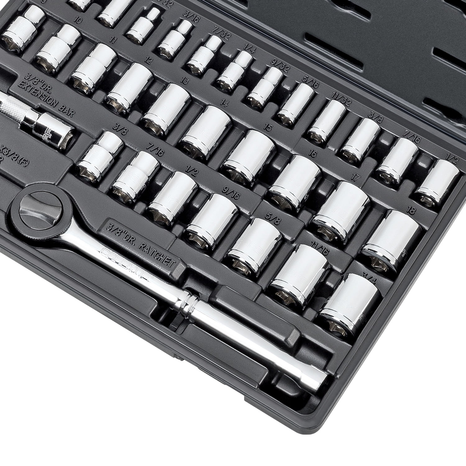 Carbyne 34-Piece 1/4 and 3/8 in. Drive Socket and Ratchet Set, SAE and Metric, CrV Steel, 72-Tooth Ratchets, 6 and 12 Point, Compact Storage Case
