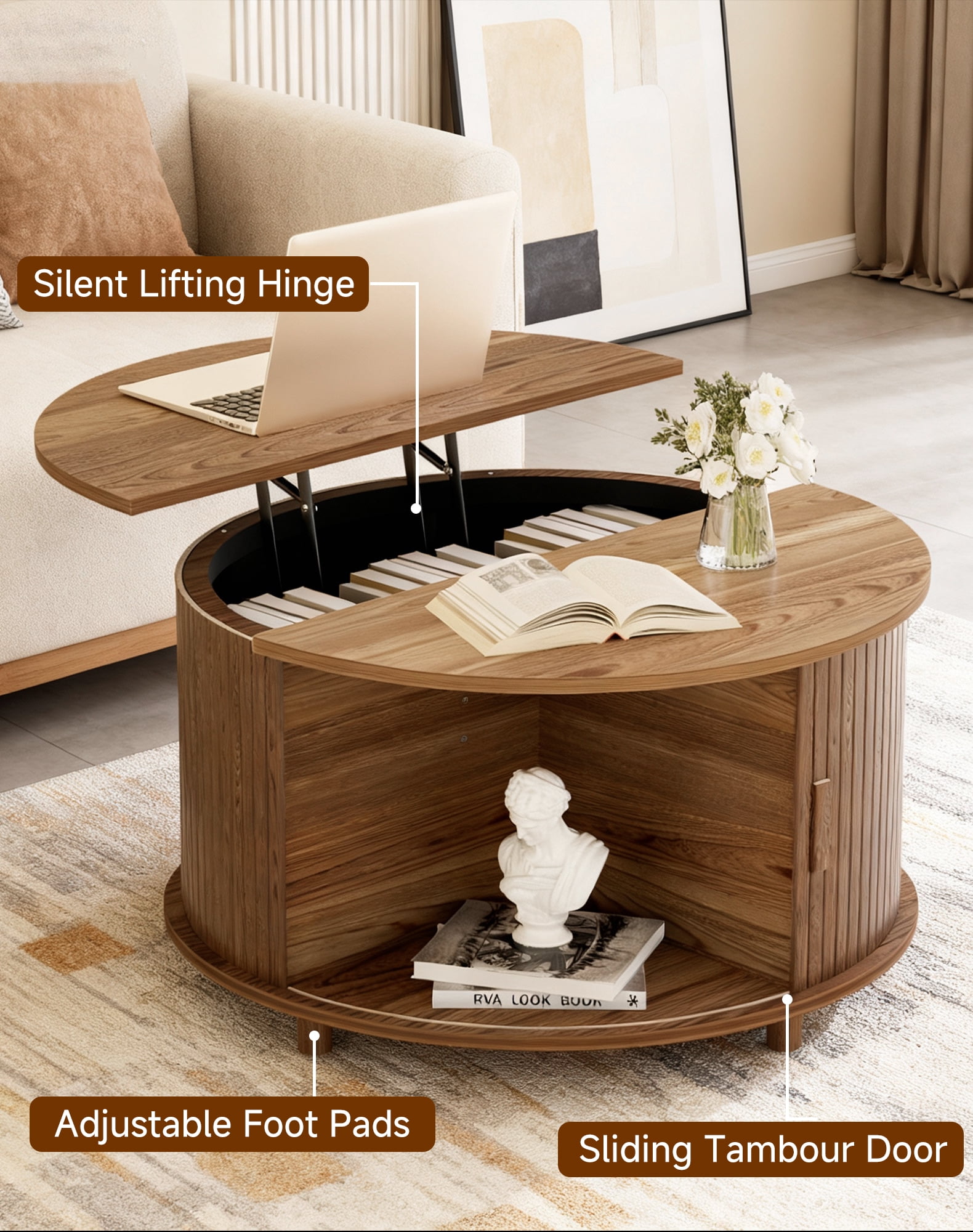Putuo Decor Round Lift Top Coffee Table with Storage, Fluted Wood Tambour Door, Walnut