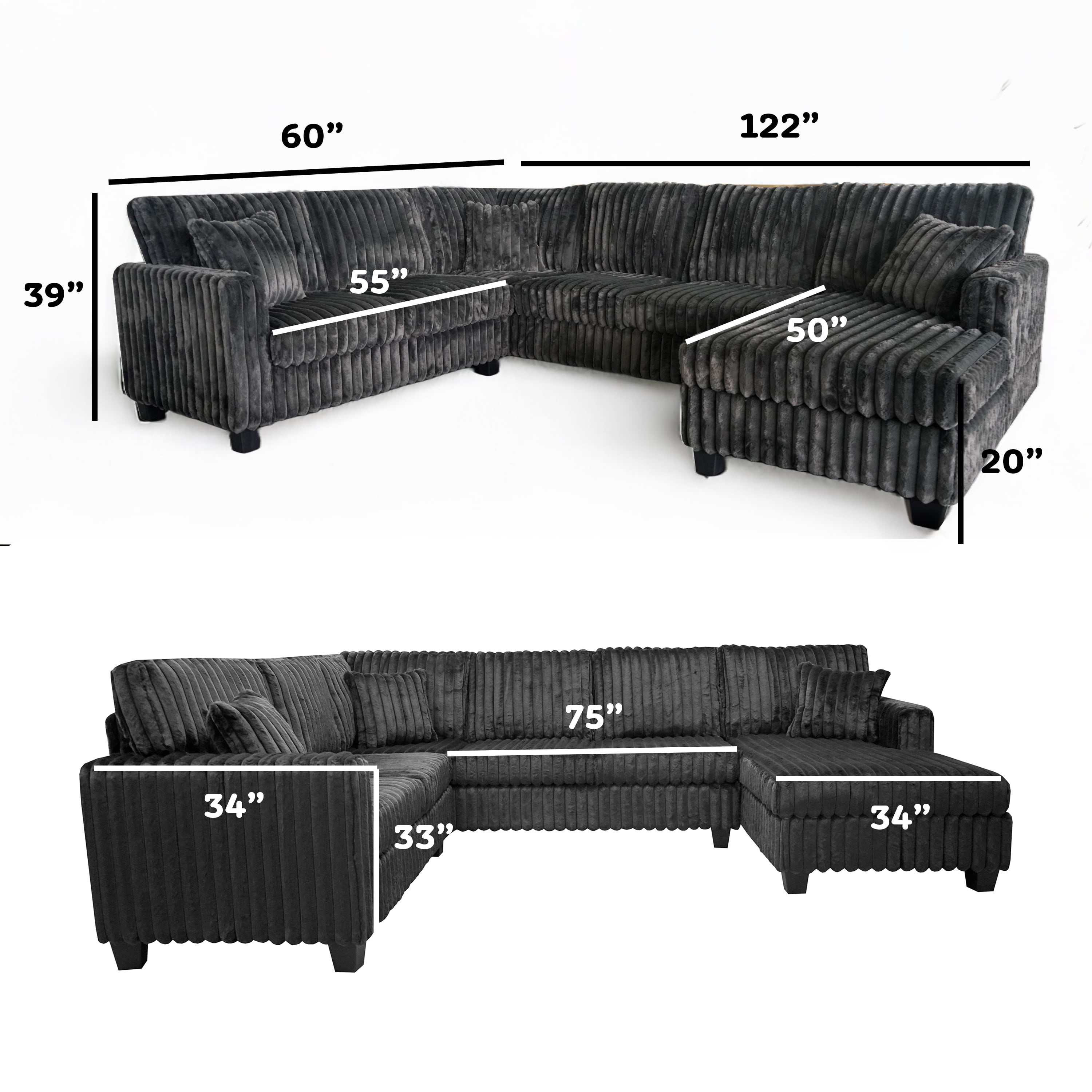 Bentley Plush Soft 6-Person U-Shaped Sectional Sofa with Chaise, Dusk