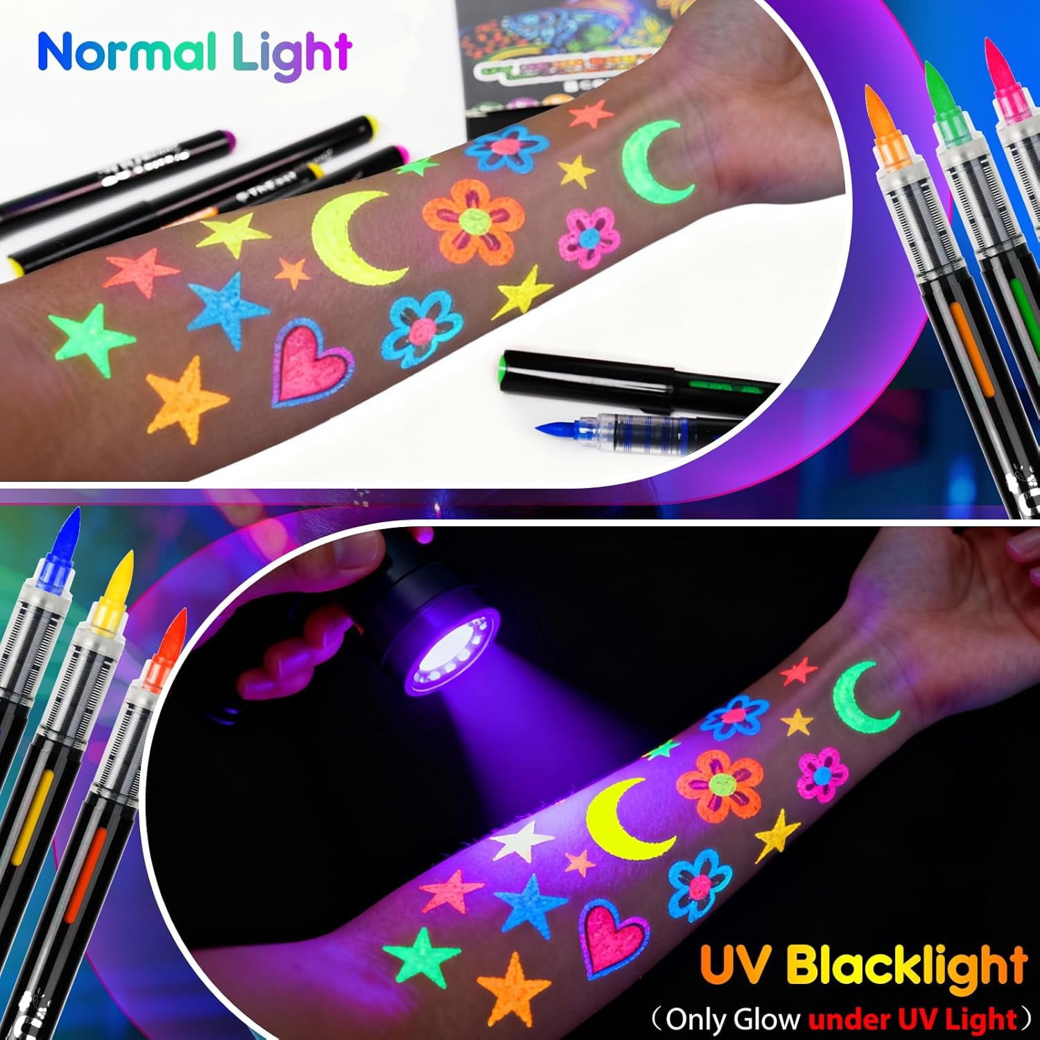 UV Neon Face Paint Markers 8/18 Colors, Glow in the Dark Body Paint Pens for Skin, Washable Temporary Tattoo Markers for Halloween Party Cosplay