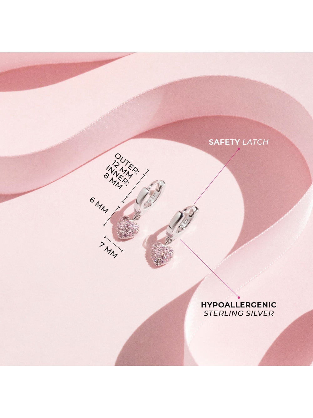 925 Sterling Silver Girls Small Hoop Pink CZ Heart Dangle Earrings Toddlers Kids