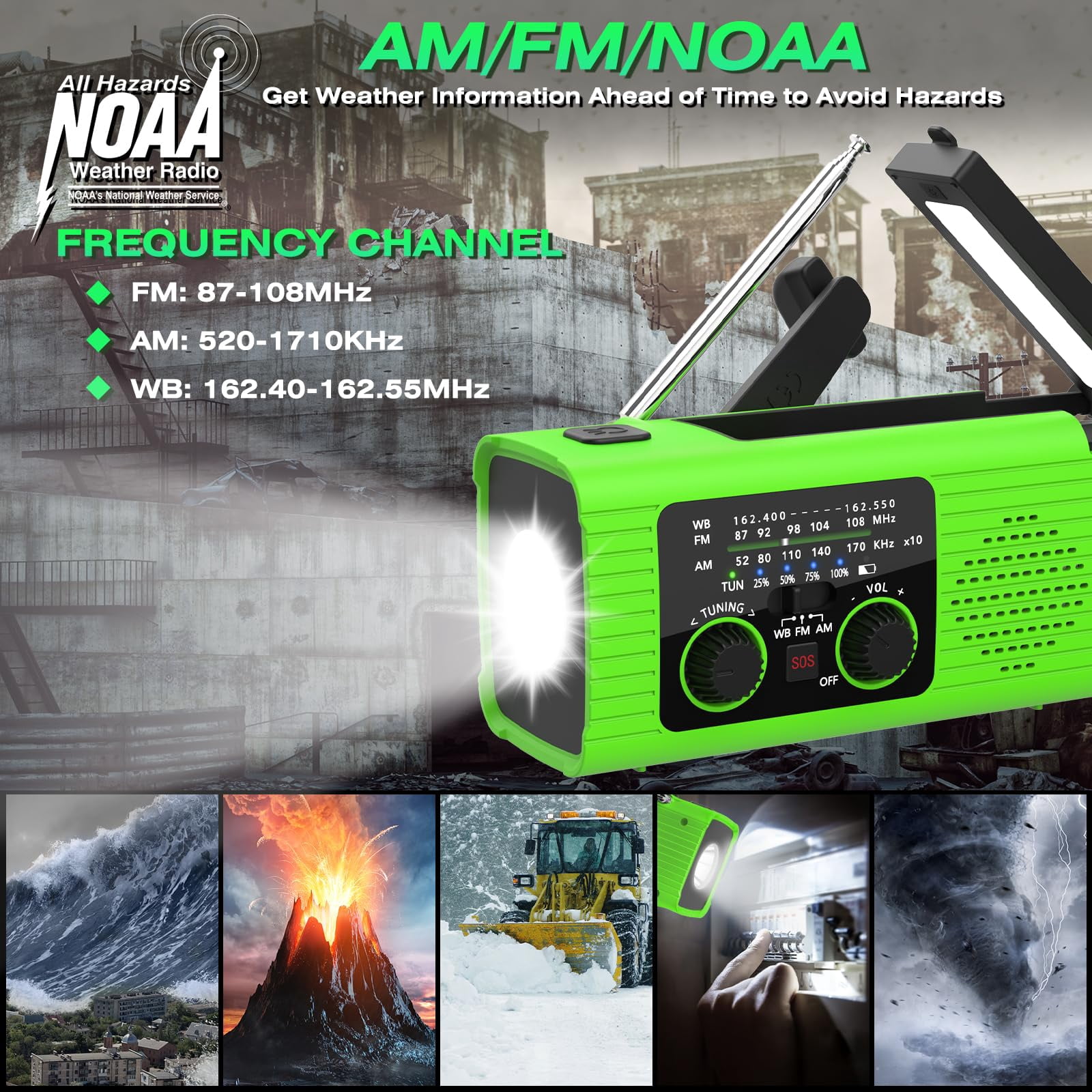 Radios For Emergency  Multifunction Solar Hand Crank Noaa Weather Am/fm Radio 4000mah With Usb Charged Reading Lamp Flashlight Sos Alarm Headphone Jack Camping Emergencies