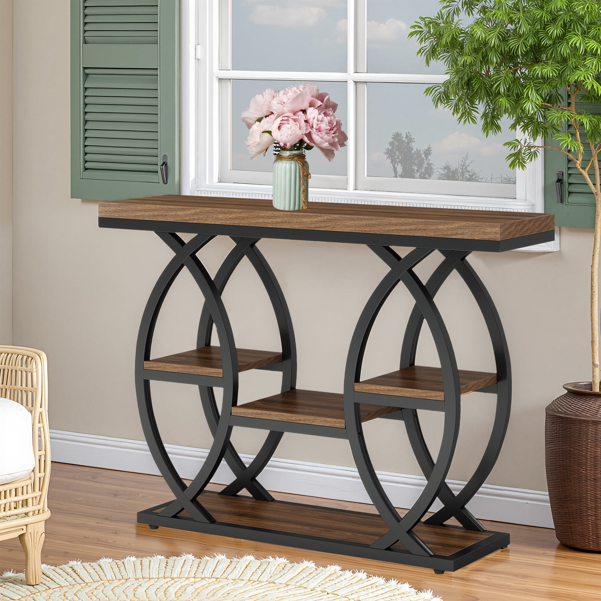 MAYEERTY 4-Tier Industrial Console Table, Rustic Top Geometric Metal Base Narrow Entryway Table