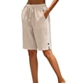 thumbnail image 3 of Womens Lightweight Shorts Casual Cotton Linen Bermuda Shorts Elastic Waist Drawstring Summer Comfy Bottoms by Yigetop Beige L, 3 of 7