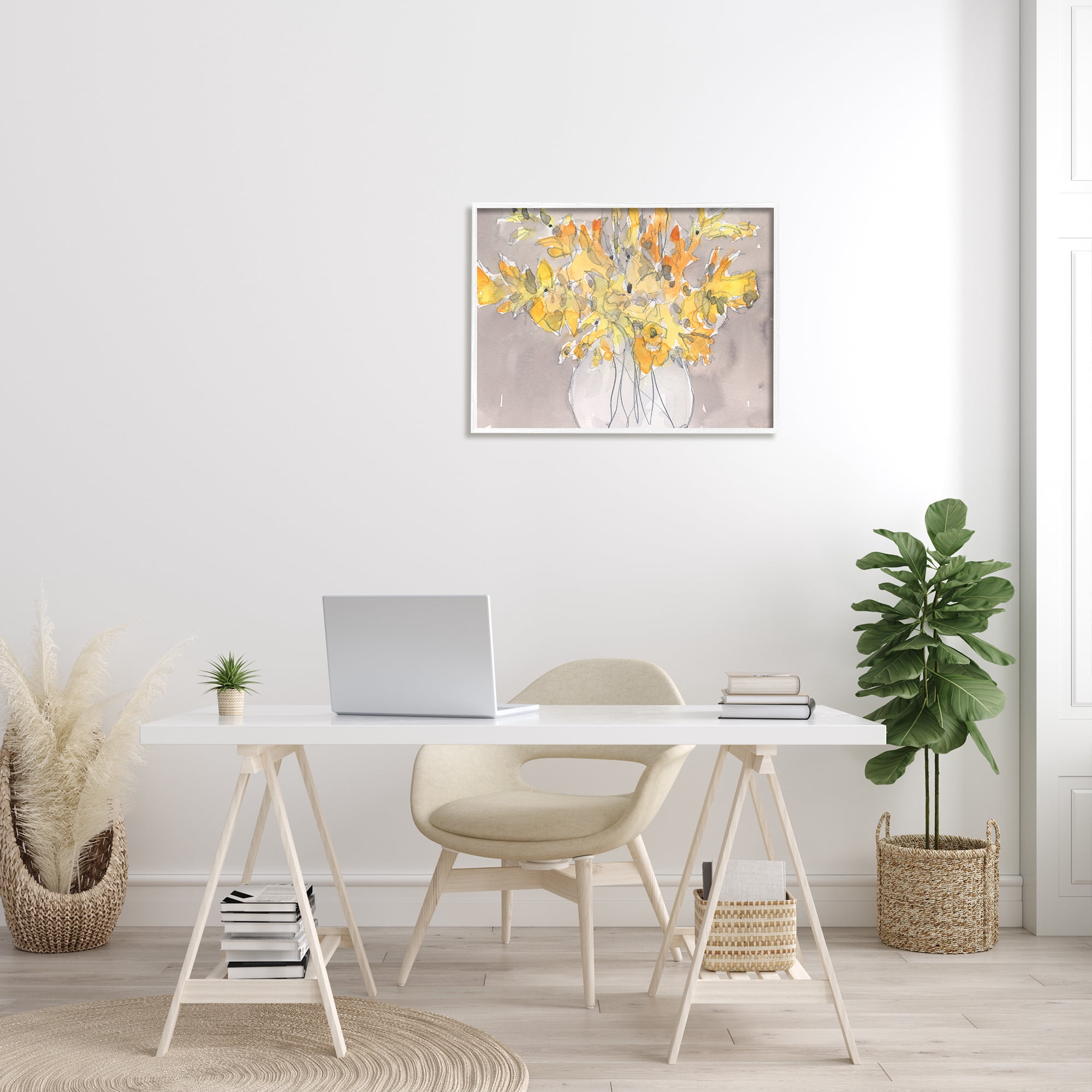 Stupell Industries Modern Yellow Petals Blossoms Floral Arrangement Vase Painting White Framed Art Print Wall Art, Design by Samuel Dixon