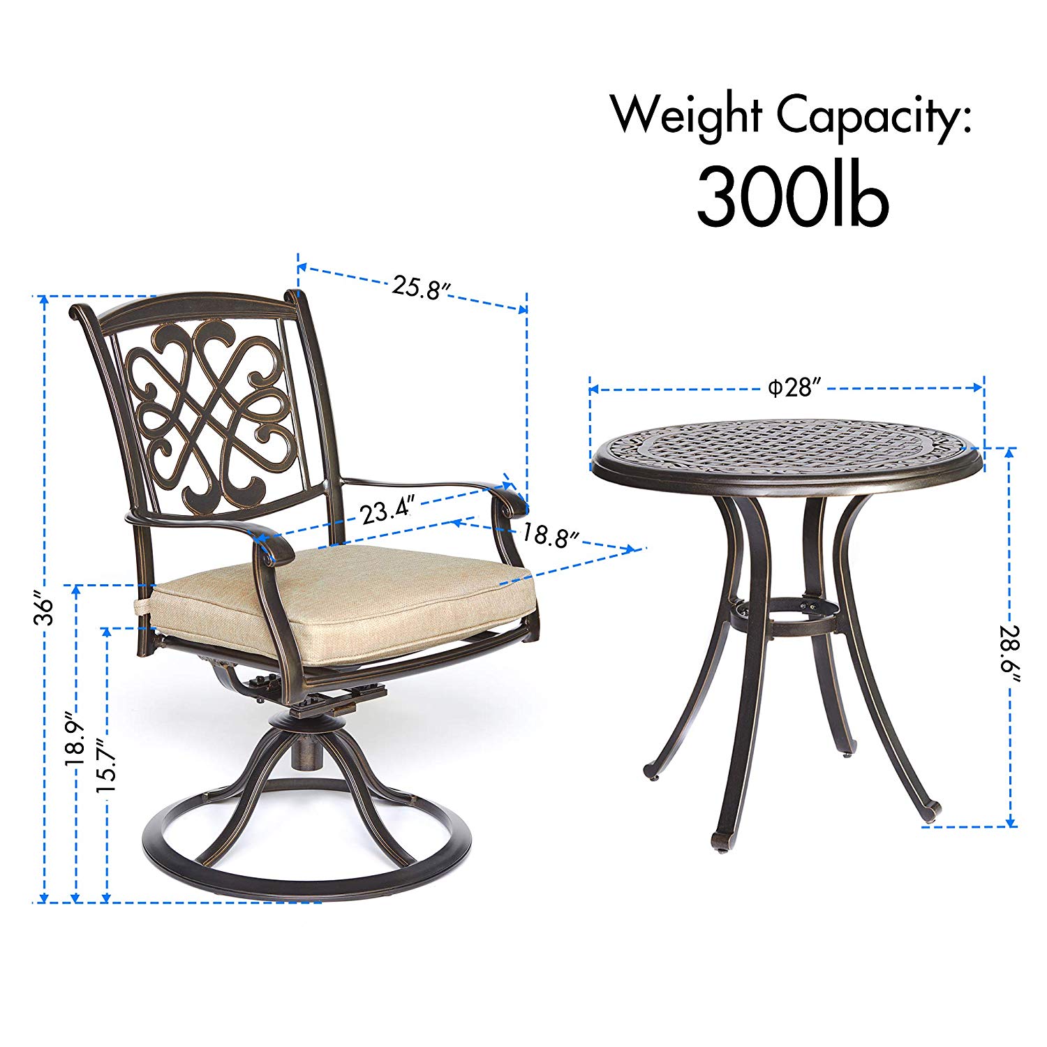 3 Piece Bistro Table Chairs Set, Cast Aluminum Dining Table Patio Glider Chairs Garden Backyard Outdoor Furniture - image 4 of 7