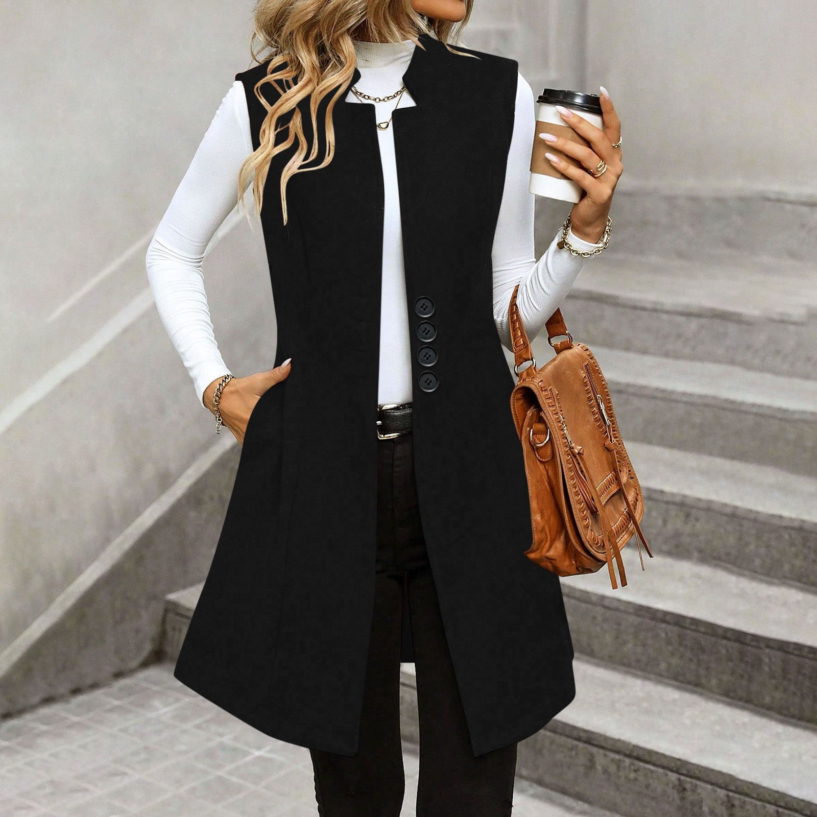 Long Waistcoat Women Fall Winter Sleeveless Vests Suit Elegant Cardigan Blazer Waistcoat with Pockets Lightweight Travel Jacket Lady Black S