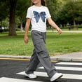 thumbnail image 6 of CYRBOKO Girls Outfit Sets, Elastic Waist Short Sleeve Two-piece Casual T-Shirts with Wide-leg Pants Gray Size 5-6 T, 6 of 7