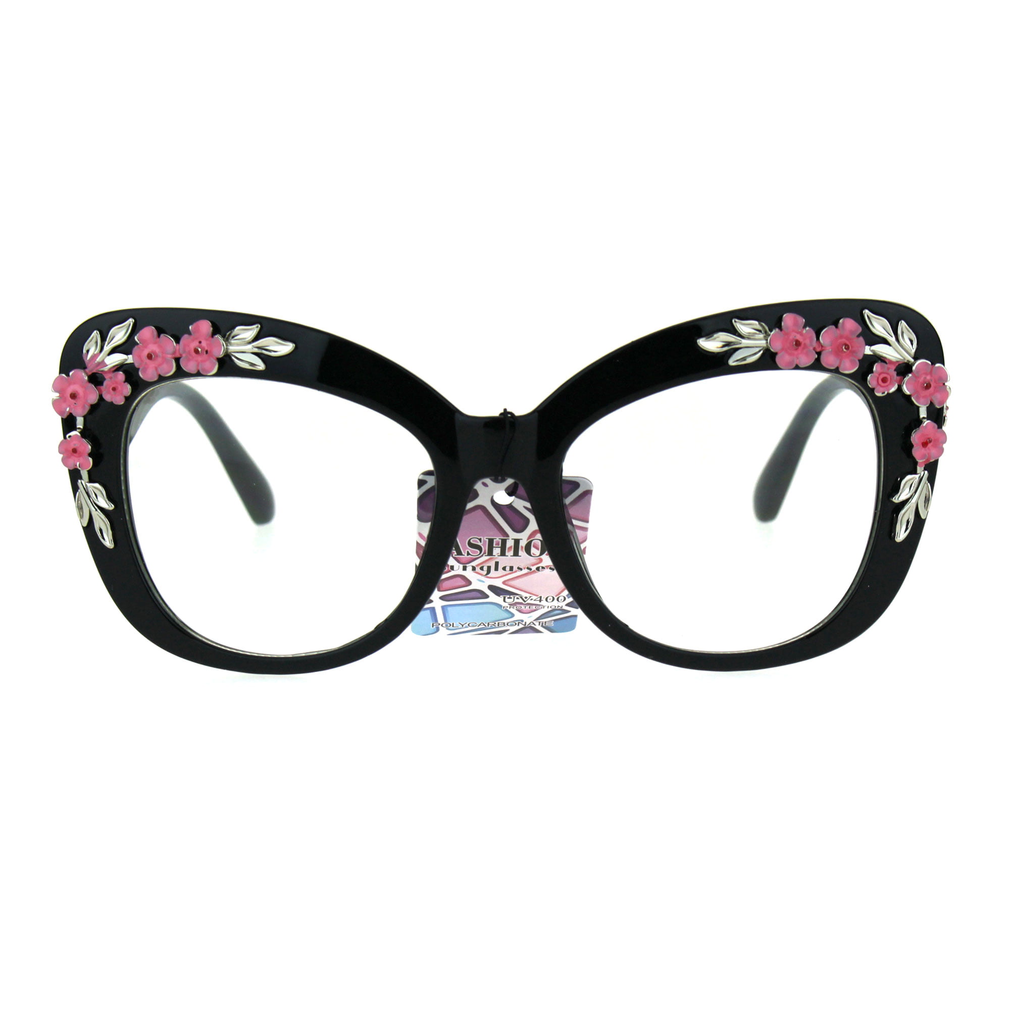 Womens Metal Flower Jewel Trim Butterfly Clear Lens Glasses Fashion Thick Style 