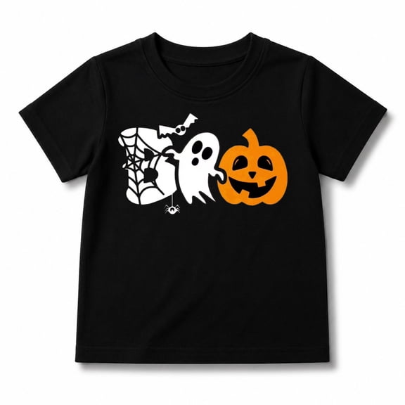 Boys and Girls Halloween Ghost Pumpkin and Spider Web Graphic T-Shirt, Halloween Shirt for Kids